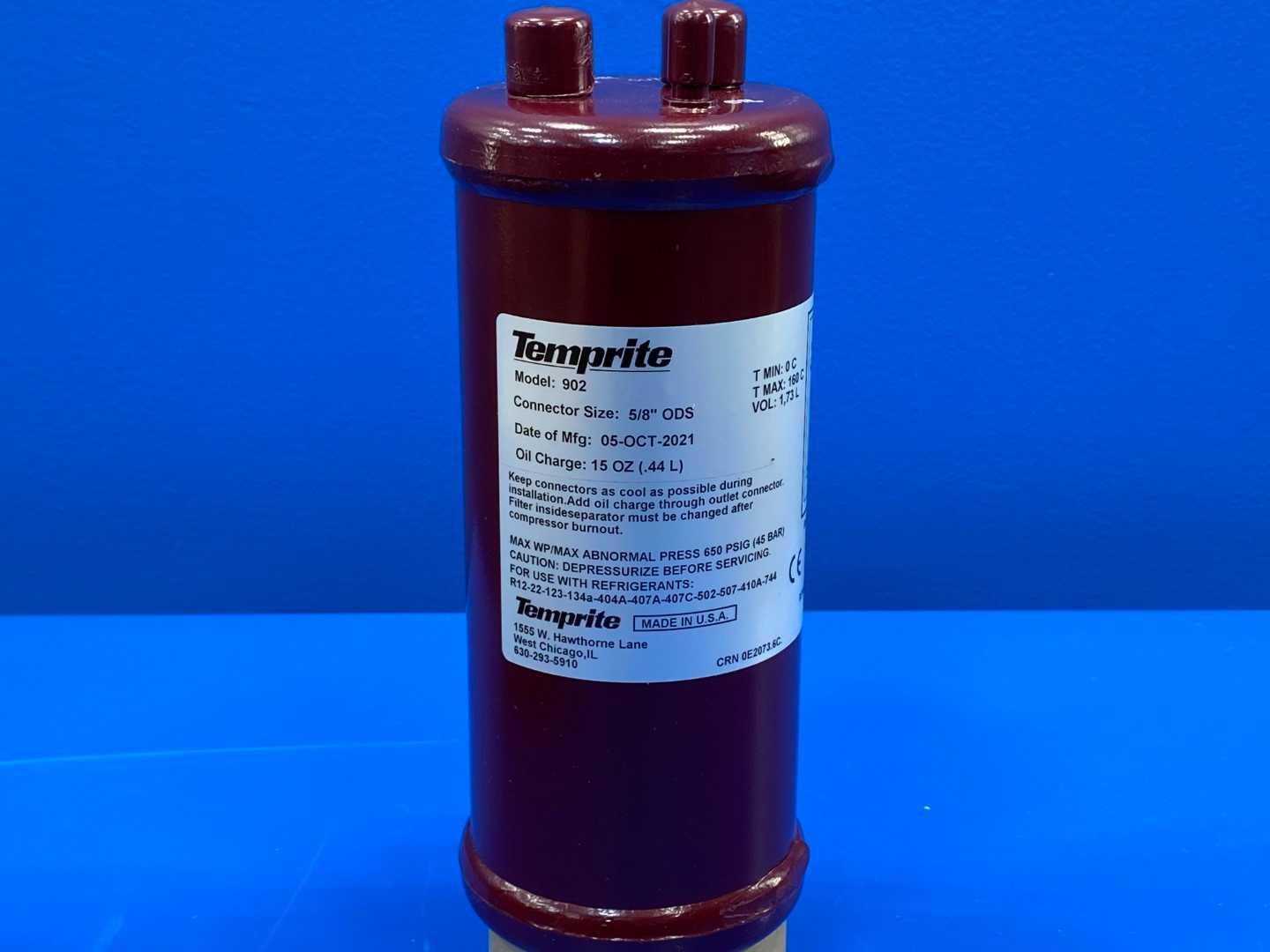 Temprite 902 Coalescent Oil Separator 5/8" ODS 15 OZ (.44 L) 650 PSIG (45 Bar) T Min: 0 C T Max: 160 C Vol: 1,73 L