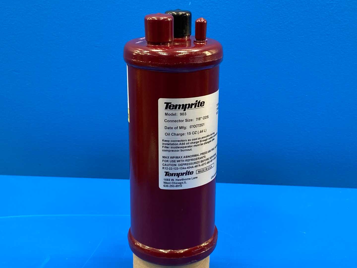 Temprite 903 Coalescent Oil Separator 7/8" ODS 15 OZ (.44 L) 650 PSIG (45 Bar) T Min: 0 C T Max: 160 C Vol: 1,73 L