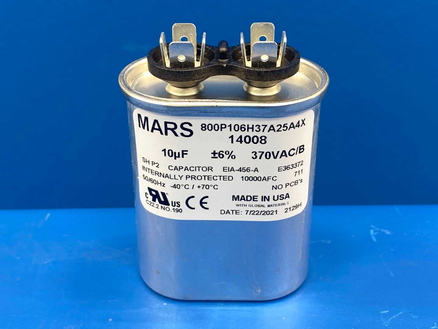 Mars 14008 Motor Run Capacitor , 10MFD, Oval, 370VAC