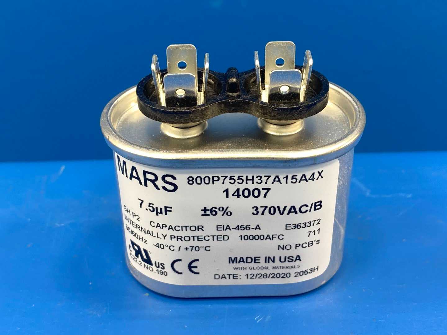 Mars 14007 Motor Run Capacitor , 7.5MFD, Oval, 370VAC