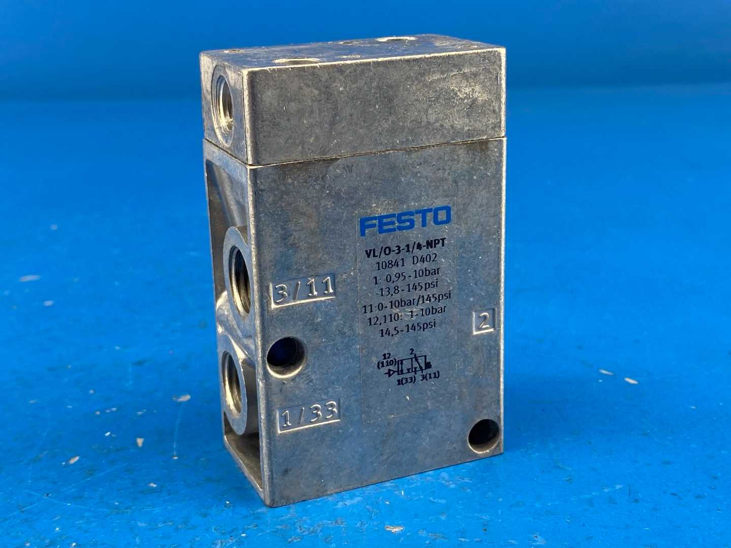 Festo Festo VL/O-3-1/4-NPT (10841), Pneumatic Valve, 3/2 Way, Normally Closed, Valve Size 1/4" 14-145PSI (0.95-10 Bar)